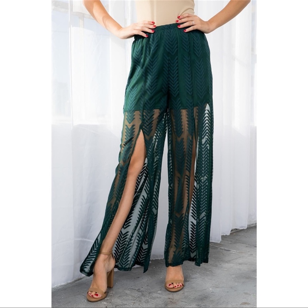 Peach Love California Emerald Green Wide Leg Sheer Slit Pants